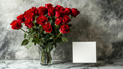 Beautiful bouquet of red roses in a glass vase with a blank card on a marble table ideal for romantic gestures and gifts 