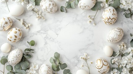 Obraz premium Celebrate Easter with a refined flat lay of gold and white eggs, soft eucalyptus, and delicate flowers on marble, leaving space for custom text