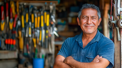 Hispanic male adult in workshop smiling with tools background