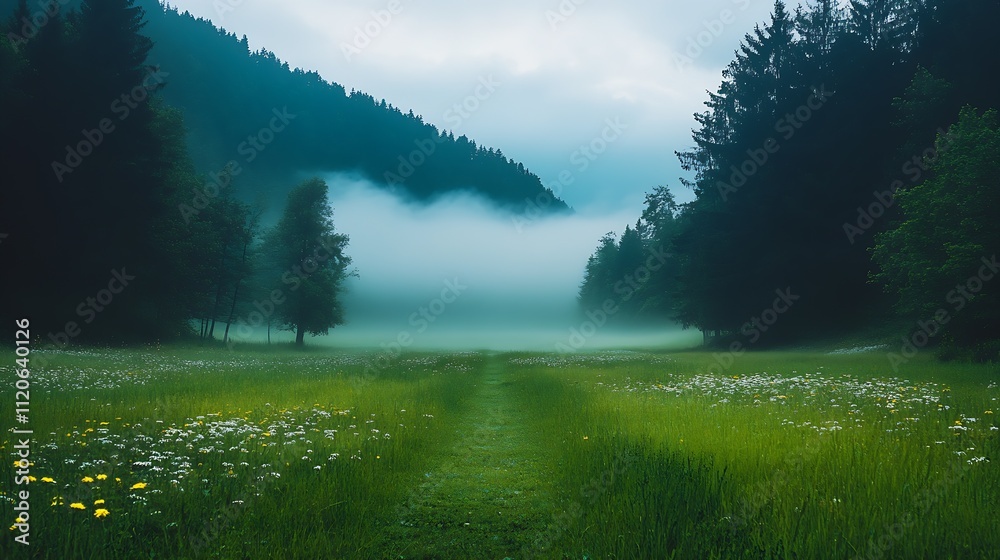 Poster lush green meadow leading into misty forest creating a peaceful atmosphere : generative ai