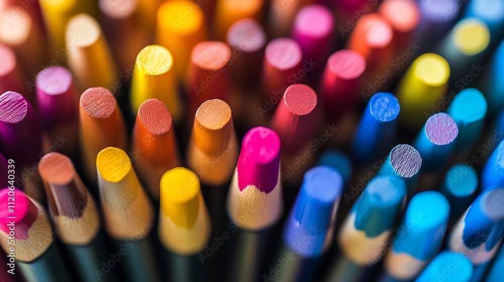 Poster Vibrant colored pencils arranged closely side by side creating a dynamic and artistic display of shades : Generative AI