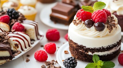 Elegant Assorted Mini Cakes and Pastries with Fresh Berry Garnish for Celebrations : Generative AI