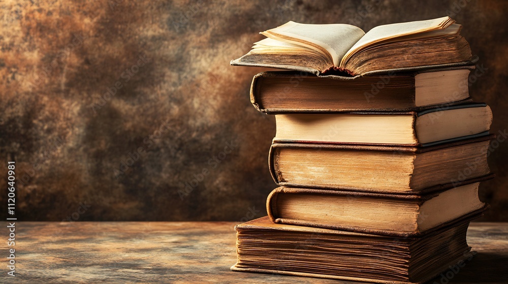 Poster stack of antique books on a wooden table evoking a sense of wisdom and history in an elegant rustic 