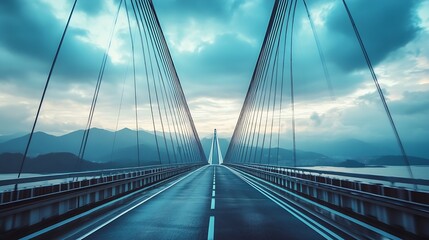 Dramatic view of a modern suspension bridge highlighting architectural elegance and cloudy sky landscape : Generative AI