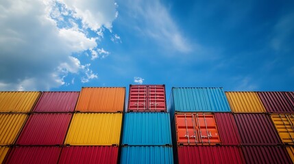 Fototapeta premium Colorful stacked shipping containers under a blue sky representing global trade and logistics : Generative AI