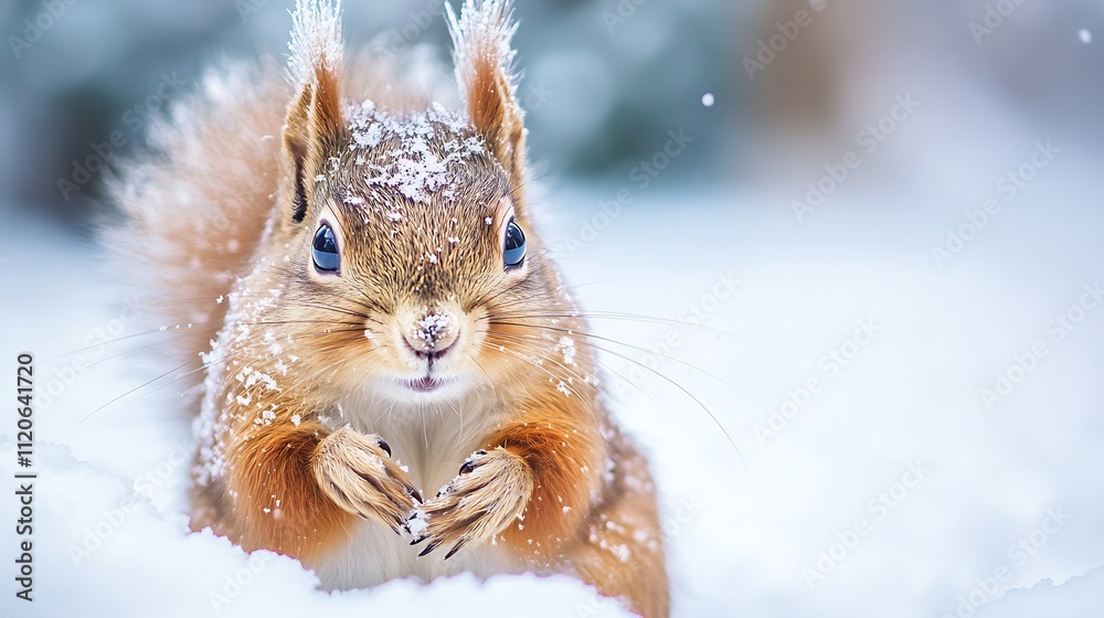 Poster playful red squirrel with snowdusted coat in winter wonderland : generative ai