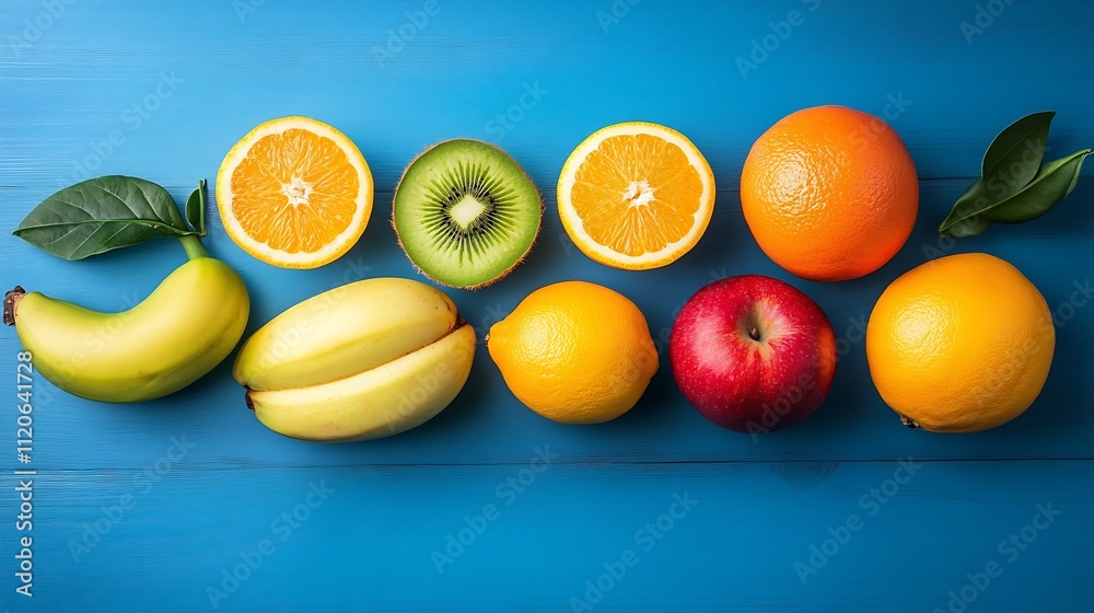 Poster assortment of fresh colorful fruits including citrus banana and apple on blue background : generativ