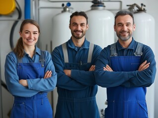 A diverse team of three plumbers, two men and one woman, smiling confidently in blue overalls in a plumbing workshop