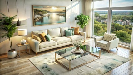Fototapeta premium Elegant Living Room Interior with Cream Sofa and Glass Coffee Table in Drone Photography â€“ Modern Design, Spacious Layout, Stylish Decor, Contemporary Aesthetics