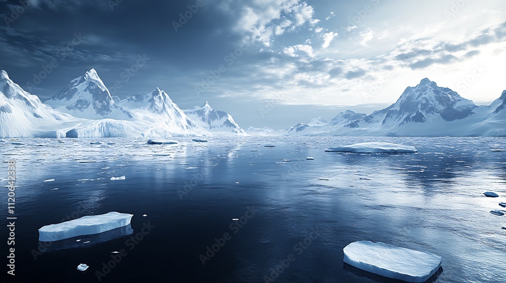 Poster tranquil antarctic seascape with towering snowy mountains and floating ice patches : generative ai