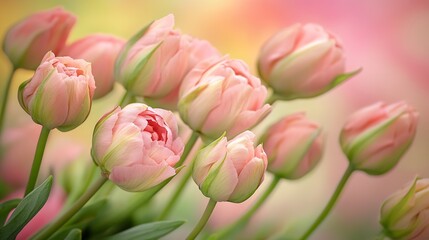 Pastel Pink Tulip Blossoms in Dreamy Soft Light Capturing Serenity and Elegance of Spring : Generative AI
