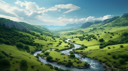 Fototapeta premium A photo of a lush green valley with a winding river