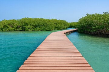 A serene shot of mangroves in Abu Dhabi, with wooden pathways winding through lush greenery and calm blue waters