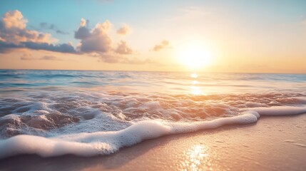 Fototapeta premium Serene Coastal Sunset with Gentle Waves and Golden Sunlight on Ocean Shore : Generative AI