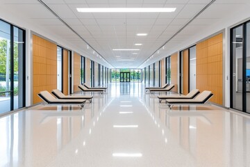 A sleek and modern dental clinic with ergonomic chairs, overhead lights, and advanced dental equipment