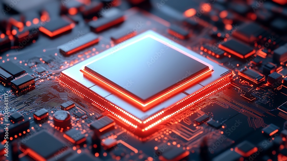 Poster Advanced digital microchip technology with bright integrated circuit highlights : Generative AI