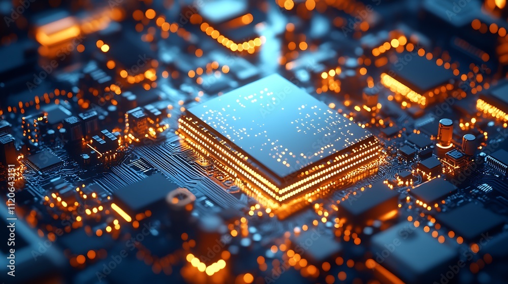 Aufkleber Macro shot of an illuminated circuit board with a centered glowing chip : Generative AI