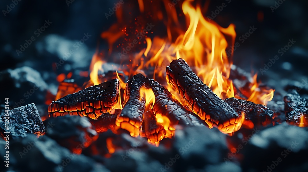 Poster Bright and Intense Burning Logs with Dancing Flames in a Blaze Creating a Captivating Scene : Generative AI