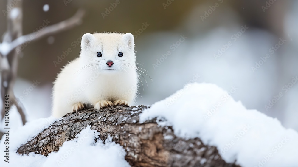 Poster inquisitive ermine posing on snowcovered log in winter wilderness : generative ai