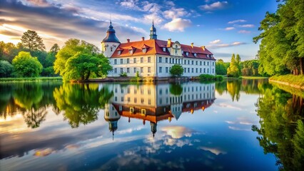 Fototapeta premium A long exposure captures the tranquil beauty of Schloss Boitzenburg in Uckermark, showcasing its majestic architecture and serene reflection in the surrounding waters.