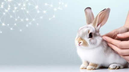Obraz premium A fluffy rabbit being gently petted against a soft background.