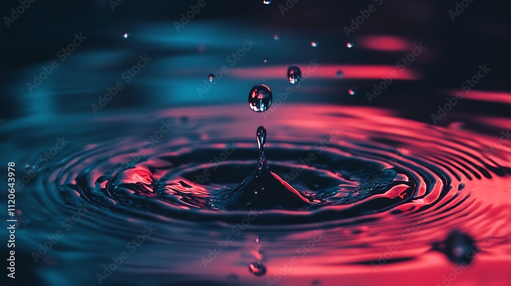 Leinwandbilder vibrant water drop splash in blue and red lighting creating dynamic scene : generative ai