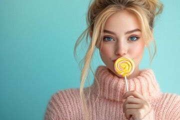 Whimsical Portrait with Lollipop and Pastel Background
