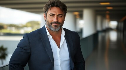 Senior businessman consultant captured in a modern office building looking confidently at the camera with a genuine smile symbolizing trust and expertise