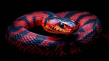 Fototapeta premium Stunning Red And Black Snake Vibrantly Highlighted Against Black Background : Generative AI