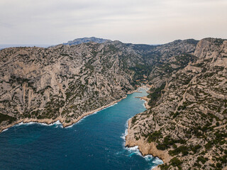 An aerial view of Calanques National Park Marseille and rugged cliffs