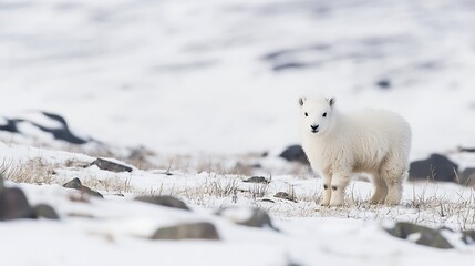Adorable Polar Bear Cub Standing in Snowy Arctic Landscape Looking Curious : Generative AI