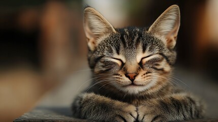 Content tabby kitten peacefully resting with closed eyes in a cozy environment : Generative AI