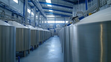 Obraz premium Row of stainless steel brewing tanks in large industrial brewery reflecting efficiency and scale : Generative AI