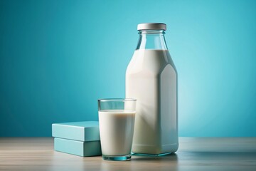 A minimalist 3D render featuring a blank milk carton, bottle, and glass, perfect for showcasing dairy products and promoting a healthy lifestyle through conceptual photography.