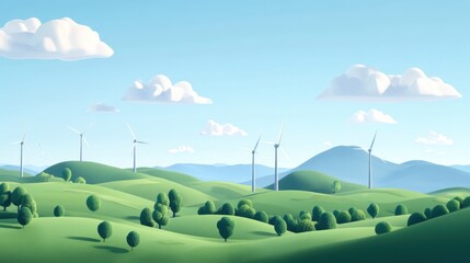 Fototapeta premium Tranquil green hills with wind turbines