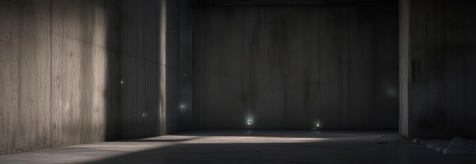 Flickering fluorescent light casts eerie shadows on cold concrete walls as it slowly moves towards a distant exit, eerie shadows, cold concrete walls