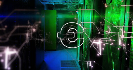 Image of euro symbol over server room