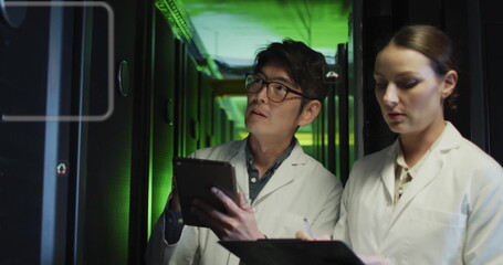 Image of eco icons and data processing over diverse business people by computer servers