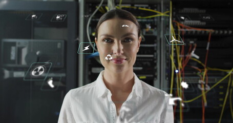 Image of eco icons and data processing over caucasian businesswoman by computer servers