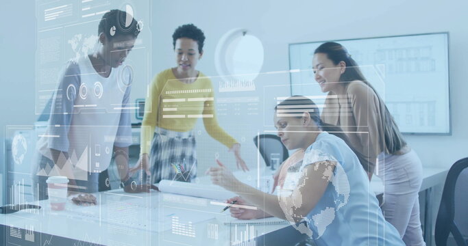 Image of digital business icons and data processing over diverse business people in office