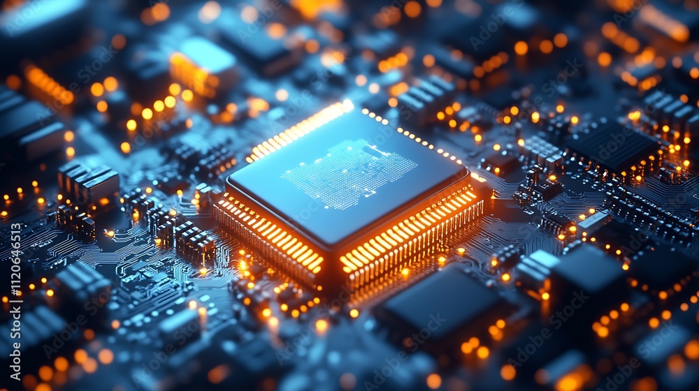 Aufkleber Glowing orange microprocessor with detailed SMT components on circuitry board : Generative AI