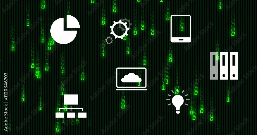 Poster technology icons including pie chart and light bulb over binary code image