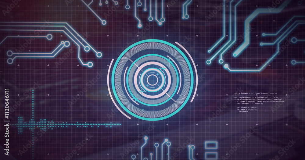 Poster circuit board and digital target image over grid background