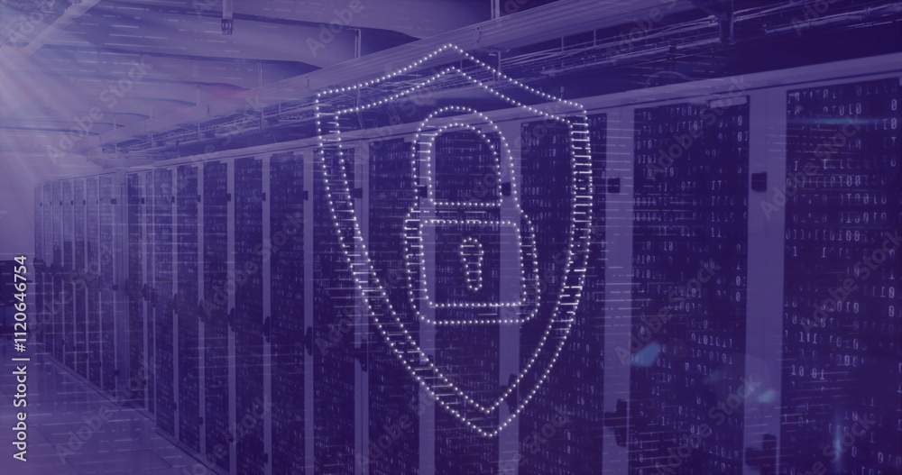 Poster digital security shield image over server racks in data center