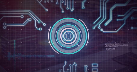 Circuit board and digital target image over grid background