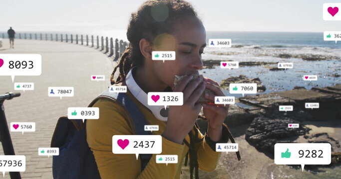 Eating sandwich by ocean, social media likes and comments image - Powered by Adobe
