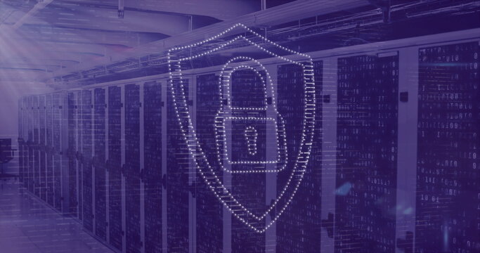 Digital security shield image over server racks in data center