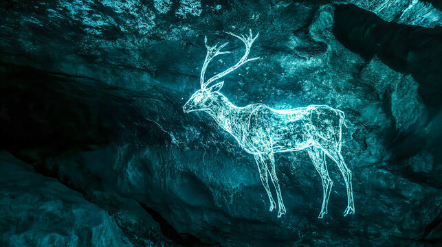 Glowing deer hologram in mysterious cave with blue light