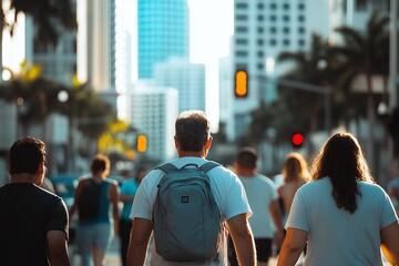 Obraz premium Back View of People Crossing Modern Street in Bustling Urban Cityscape : Generative AI