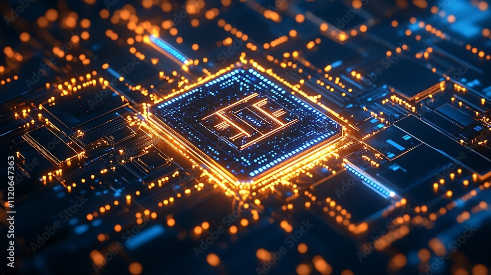 Poster futuristic circuit board with glowing microchip in blue and orange technology background : generativ